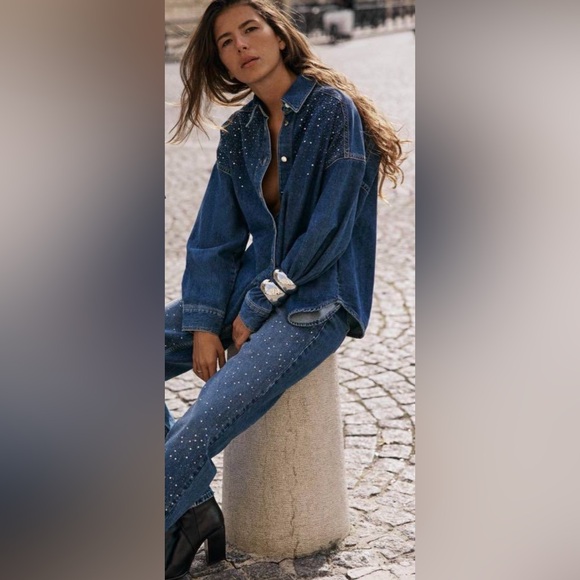 Zara Dark Blue Wash Denim Button-Up Blouse | Rhinestones | New | Small - Picture 2 of 11